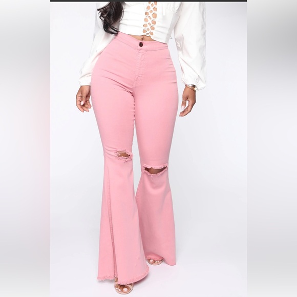 Fashion Nova extreme flare leg pants blush pink size 11 women’s distressed NWT - Picture 2 of 11
